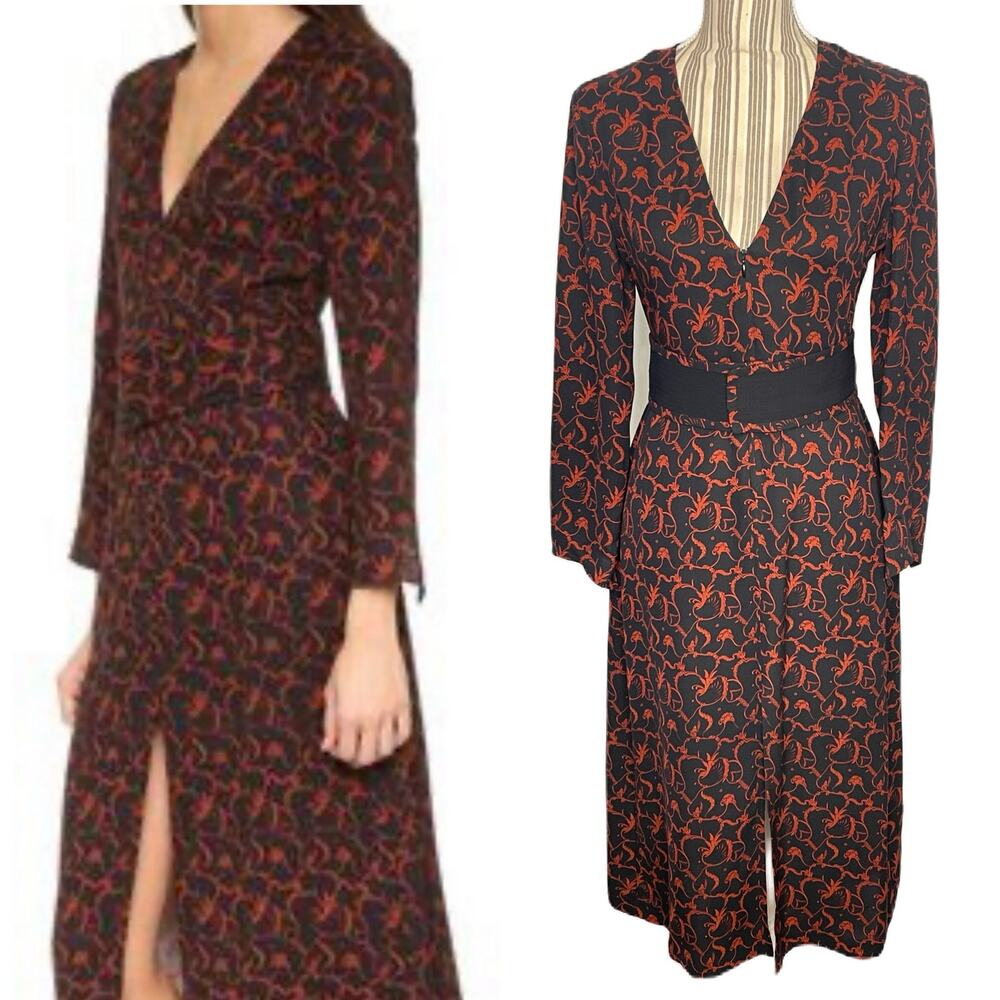 A.L.C. Black Red Paley Silk Midi Dress Zip Front Belted Front Slit Size 4